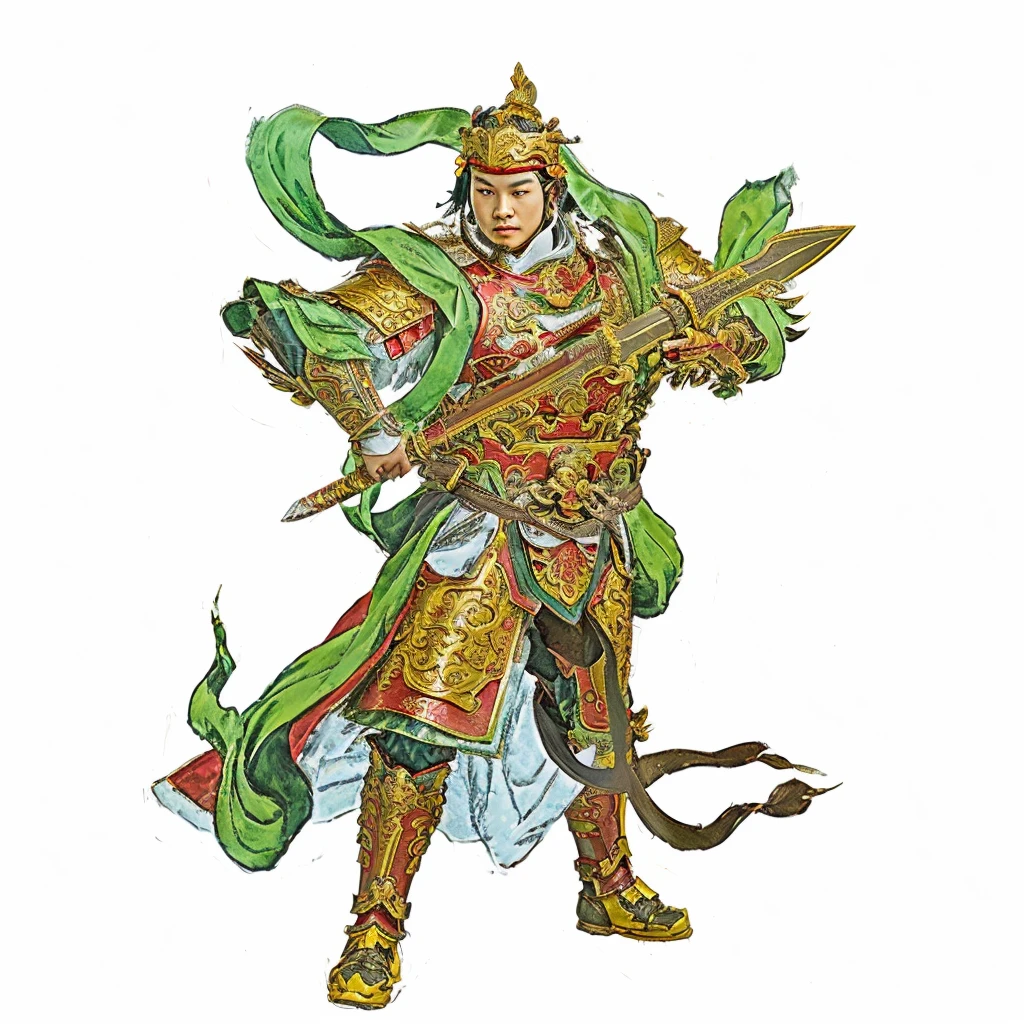 a young chinese warrior with luxurious red and yellow armour, holding a curvy sculpted sword, green deity ribbon, taoist master, taoist master, wide big chin, no beard