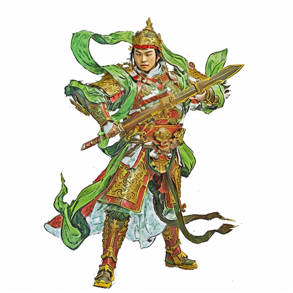 a young chinese warrior with luxurious red and yellow armour, holding a curvy sculpted sword, green deity ribbon, taoist master, taoist master, wide big chin, no beard
