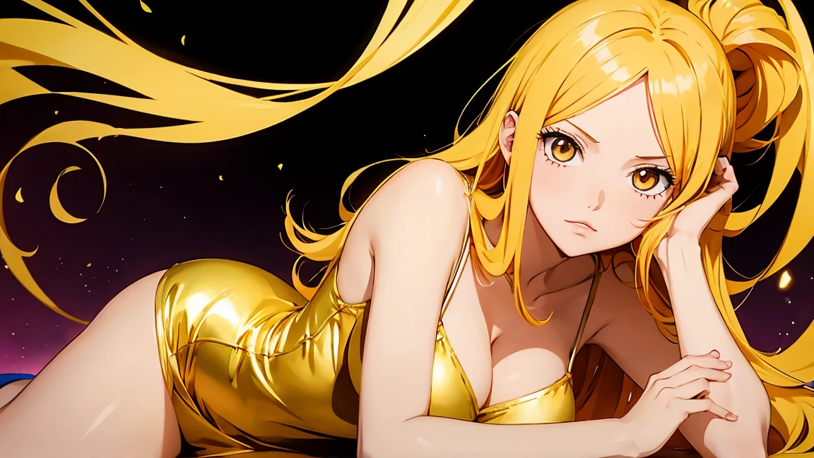 Onepiece animation style, beautiful girl, bright gold hair and bright gold eyes