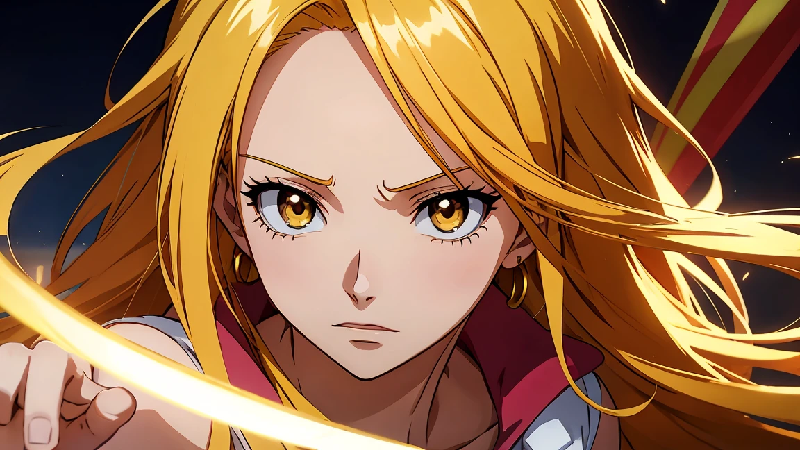 Onepiece animation style, beautiful girl, bright gold hair and bright gold eyes