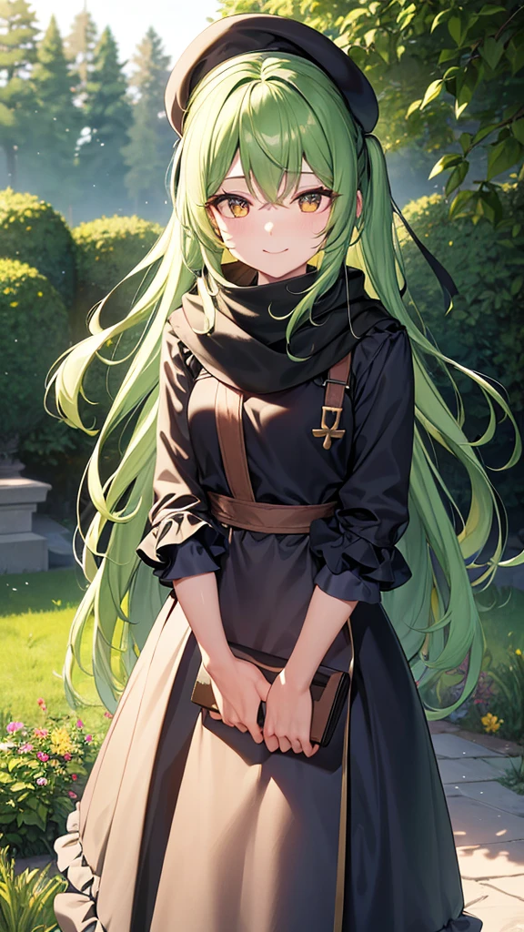 black beret, Long green hair, yellow eyes, long hair, hair parted to the right, hair clip, flower in hair, smile, calm, long skirt, maxi skirt, frills, pink blouse, cross body bag, garden, hand on chests, sunlight, scarf, ultra-detailed, absurdres, unreal engine, masterpiece, best quality, beautiful eyes, volumetric lighting, silky_hair), best quality, ultra-detailed, looking at viewer, highres, 8k wallpaper, extremely detailed, smooth lighting, 8k, depth of field, masterpiece, cinematic lighting,