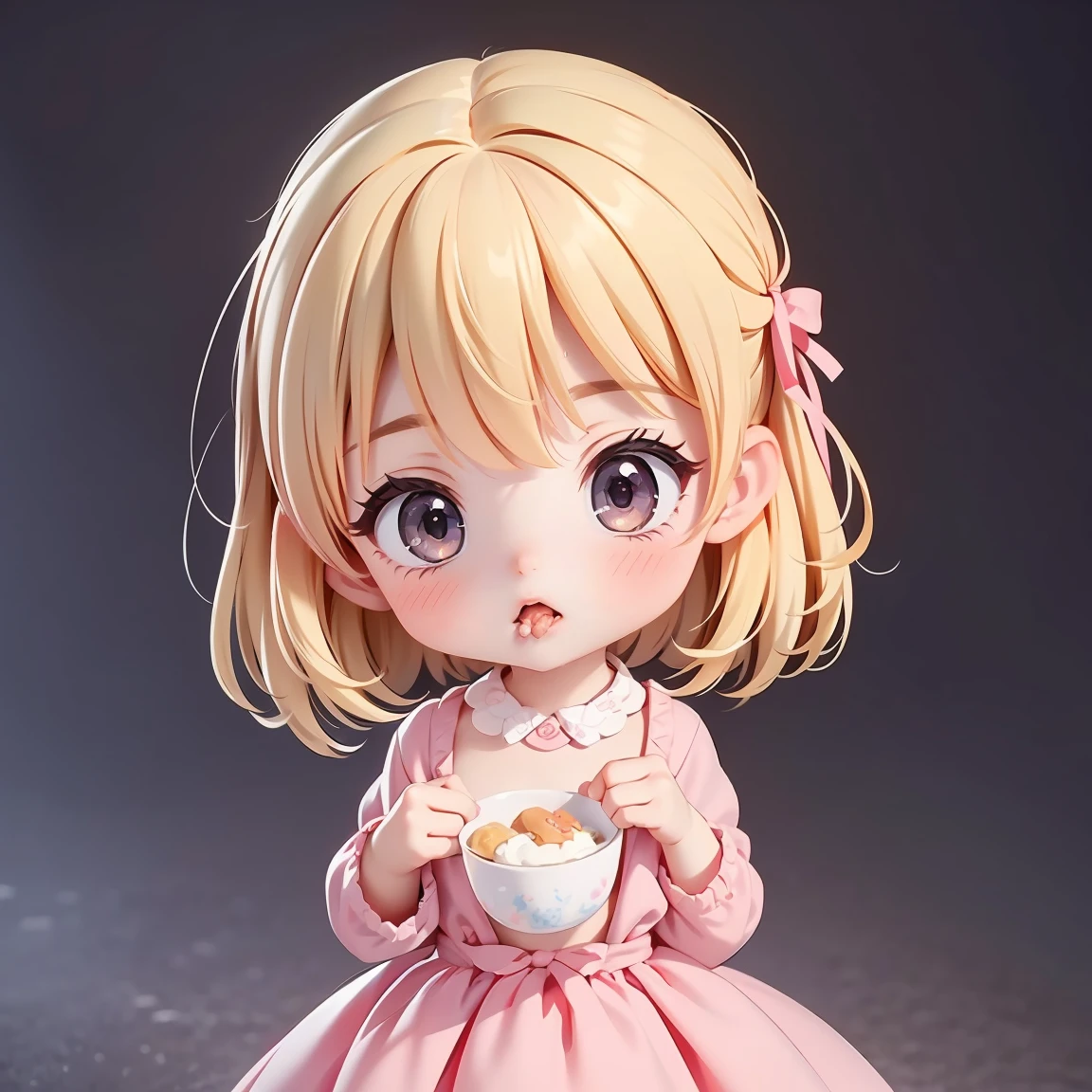  Super Chibi Character：1.8、Wearing cute shoes、background：simple、Blonde Hair、Cute 7 year old girl、pink cinderella dress、Eating something deliciously：1.8、