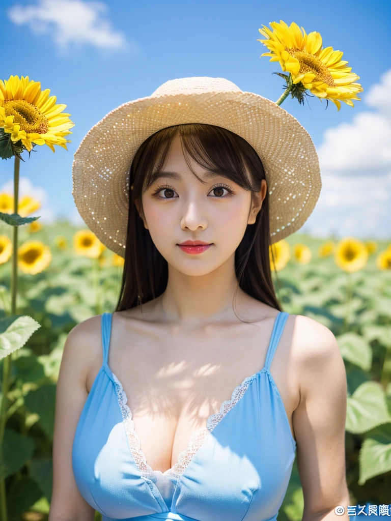 blue sky, Beautiful sky, Daytime view, Blue background, Professional director, Professional Lighting, (Highest quality, 12896k,masterpiece), Very cute small round face, Red lipstick, Larger lips, Japanese Idol, Big Breasts, clavicle, White Dress, Ultra HD, (Photorealistic:1.1), RAW Photo, One Girl, Beautiful eyes, Very big breasts and big eyes, Black brown hair, Cute Sunflower Bandana, Are standing, Full body photo