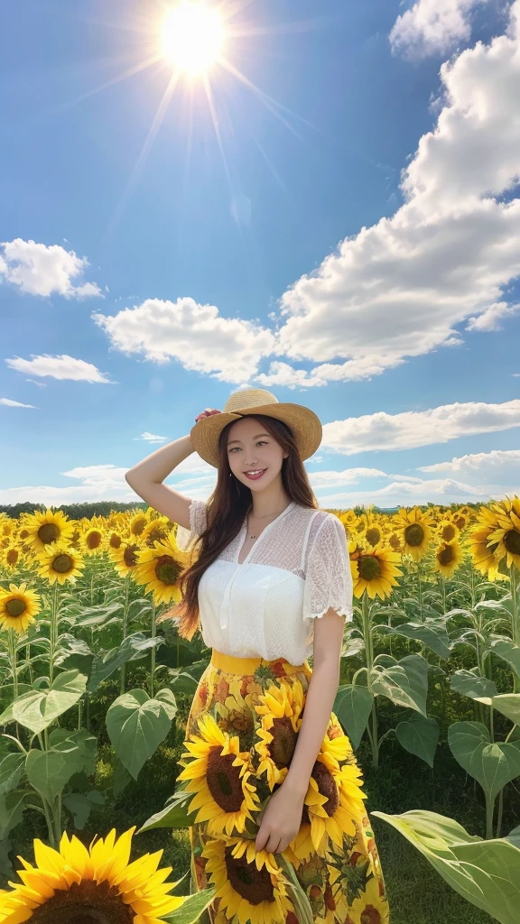 (lifelike, high resolution:1.3), close up,Sense of story,Realism,Chinese aesthetics,A woman wearing a sunflower skirt,Standing in a field of sunflowers。Sunflowers stand tall,Showing their smiling faces to the sun。Her smile was bright,Full of summer vitality。A hat woven from sunflowers is worn on the head,The sunflowers surrounding the。Background is a sea of golden sunflowers,Bees flying among flowers,In the distance are blue skies and white clouds。Bright and welcoming colors,Depicting a story about summer sunshine and vitality。
