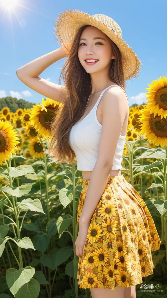 （lifelike， high resolution：1.3）， close up，Sense of story，Realism，Chinese aesthetics，A woman wearing a sunflower skirt，Standing in a field of sunflowers。Sunflowers stand tall，Showing their smiling faces to the sun。Her smile was bright，Full of summer vitality。A hat woven from sunflowers is worn on the head，The sunflowers surrounding the。Background is a sea of golden sunflowers，Bees flying among flowers，In the distance are blue skies and white clouds。Bright and welcoming colors，Depicting a story about summer sunshine and vitality。