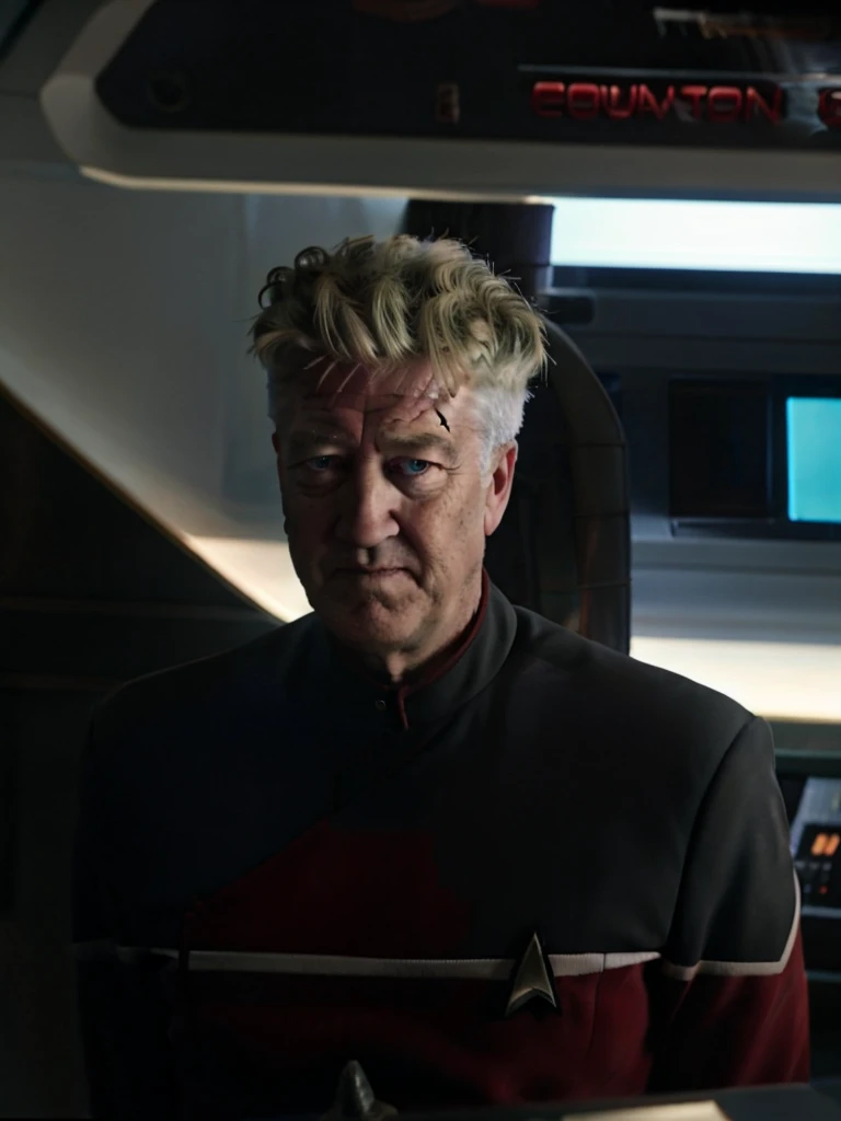 David lynch in red sttldunf uniform,on starship bridge,
