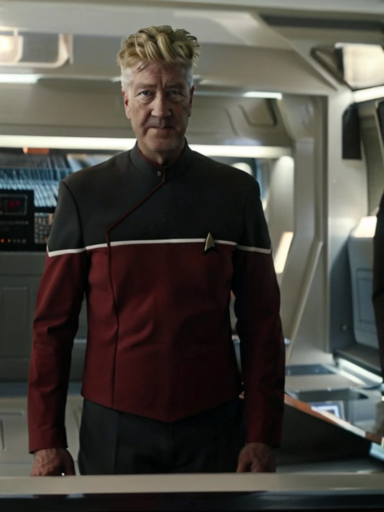 David lynch in red sttldunf uniform,on starship bridge,