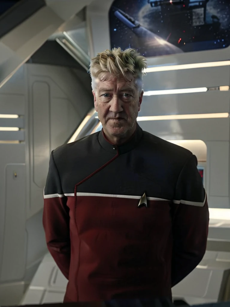 David lynch in red sttldunf uniform,on starship bridge,