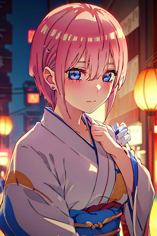 ichikanakano, ichika nakano, shorth hair, bangss, blue colored eyes, hair between the eyes, pink  hair, aretes, (work of art:1.2), best qualityer, high resolution, unity wallpaper 8k, (illustration:0.8), (beautiful detailed eyes:1.6), extreme detailed face, perfect lighting, extremely detailed CG, (perfect hands, Perfect Anatomia),