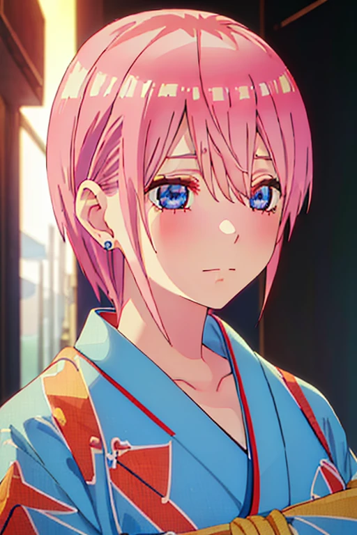 ichikanakano, ichika nakano, shorth hair, bangss, blue colored eyes, hair between the eyes, pink  hair, aretes, (work of art:1.2), best qualityer, high resolution, unity wallpaper 8k, (illustration:0.8), (beautiful detailed eyes:1.6), extreme detailed face, perfect lighting, extremely detailed CG, (perfect hands, Perfect Anatomia),