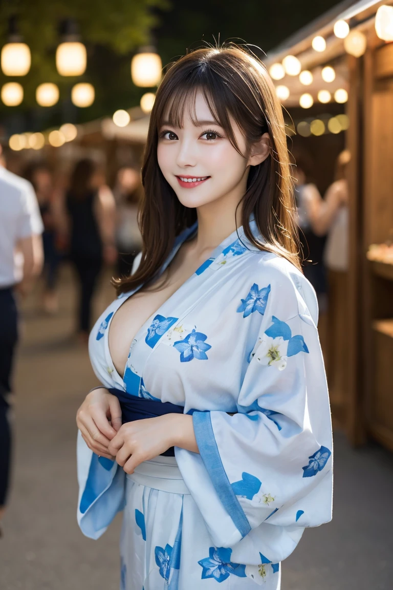 Summer festival stalls Frankfurt, Highest quality, shape, Very detailed, In detail, High resolution, 8k wallpaper, Perfect dynamic composition, Beautiful details,  Natural Lip, Cute yukata, Big Breasts, Cleavage, She is smiling in a cute pose.., A masterpiece of the whole body, Full Body Shot