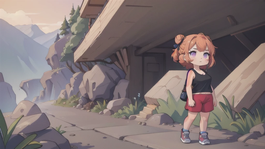 (masterpiece), best quality, expressive eyes, perfect face, 1girl, solo, tomboy, mature female, big breasts, short hair, cleavage, orange hair BREAK hair buns, double buns, pink eyes BREAK (hike), mountains, mountainous road, cloudy sky, rocks, black tank top BREAK red shorts BREAK standing, walking, sneakers, looking away, navel 