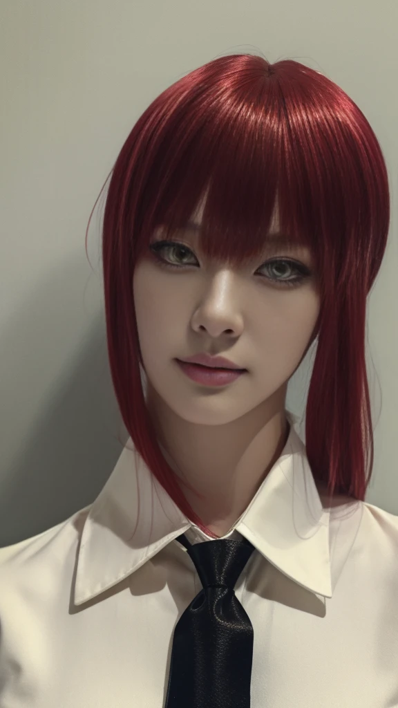 beautiful gorgeous Makima woman staring at the viewer, RAW photo, masterpiece, 8k, yellow ringcle eyes, sharp, red hair, white shirt, (black tie), volumetric lightning, superdetailed, makima (\chainsawman\), model pose
