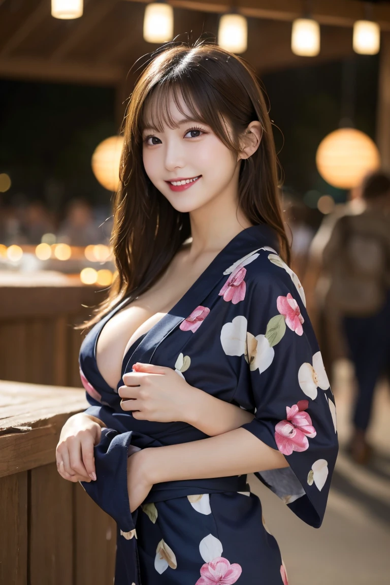 Summer festival stalls night, Highest quality, shape, Very detailed, In detail, High resolution, 8k wallpaper, Perfect dynamic composition, Beautiful details, Natural Lip, Cute yukata, Big Breasts, Cleavage, She is smiling in a cute pose.., A masterpiece of the whole body, Full Body Shot