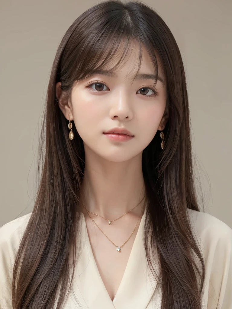  ((Highest quality, 8K, masterpiece:1.3)), concentrate: 1.2, Perfect body beauty: 1.4, Hips: 1.2, ((Long Hair, chest: 1.2)), (Dry clothes: 1.1) , (clear, Simple Background:1.3), Simple clothes: 1.1, Highly detailed face and skin texture,Delicate eyes, double eyelid, Whitened skin, Rough skin、Long Hair、Earrings with bangs、necklace、 solo、Beige coat、White shirt,  (((Beautiful girl with cute Japan)))、  ((Beautiful Japanese girl 20 years old))、 ((Baby Face))、 (((Slender body)))、  Upper Body，Face focus、necklace，Simple Background，From above， Realistic Hair、 A photograph was taken:Canon EOS R6、135mm、1/1250 seconds、f2.8、ISO400、(Detailed explanation of the hand)、(Masseter muscle area)、(Exquisite CG)、Long Hair, loose and curly hair、Korean Hair、Long Hair明るいベージュ色、グラデーションハイライトグレージュのゆるふわLong Hairスタイル、