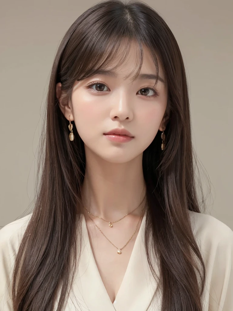  ((Highest quality, 8K, masterpiece:1.3)), concentrate: 1.2, Perfect body beauty: 1.4, Hips: 1.2, ((Long Hair, chest: 1.2)), (Dry clothes: 1.1) , (clear, Simple Background:1.3), Simple clothes: 1.1, Highly detailed face and skin texture,Delicate eyes, double eyelid, Whitened skin, Rough skin、Long Hair、Earrings with bangs、necklace、 solo、Beige coat、White shirt,  (((Beautiful girl with cute Japan)))、  ((Beautiful Japanese girl 20 years old))、 ((Baby Face))、 (((Slender body)))、  Upper Body，Face focus、necklace，Simple Background，From above， Realistic Hair、 A photograph was taken:Canon EOS R6、135mm、1/1250 seconds、f2.8、ISO400、(Detailed explanation of the hand)、(Masseter muscle area)、(Exquisite CG)、Long Hair, loose and curly hair、Korean Hair、Long Hair明るいベージュ色、グラデーションハイライトグレージュのゆるふわLong Hairスタイル、