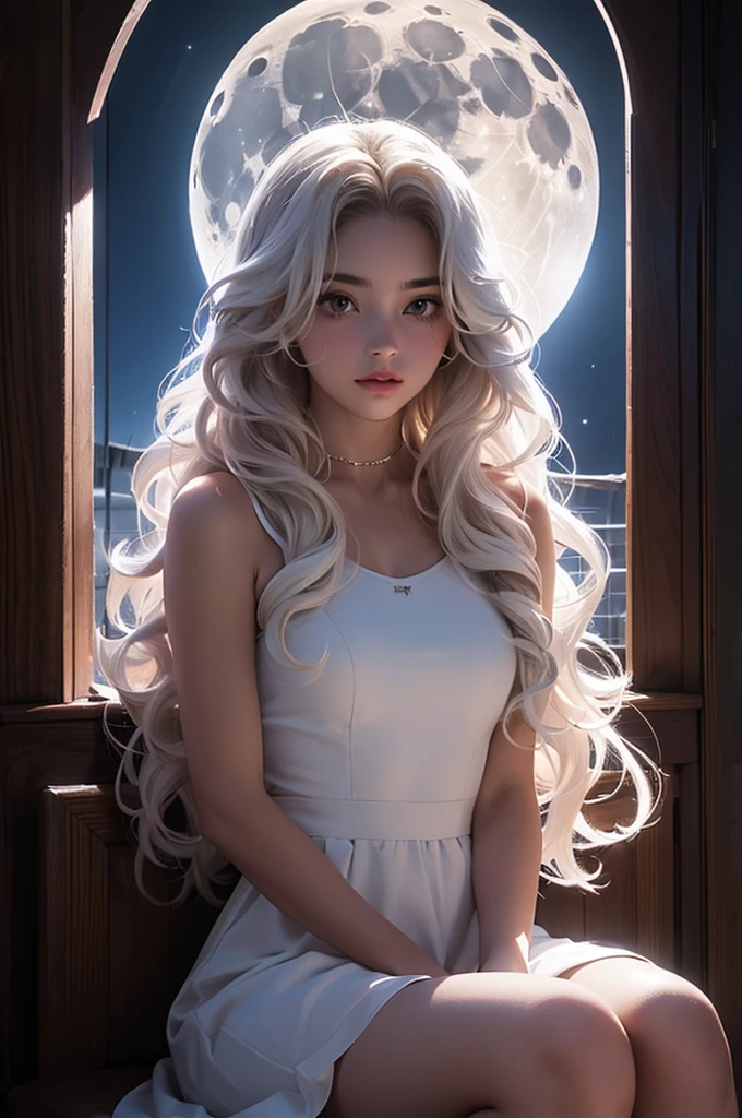 (( A girl)) ((Sitting in a place that is right behind the Moon)) ((her hair is long and curly and white in color))