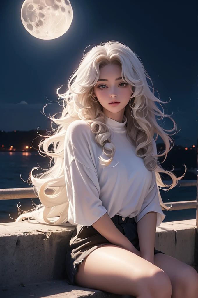 (( A girl)) ((Sitting in a place that is right behind the Moon)) ((her hair is long and curly and white in color))