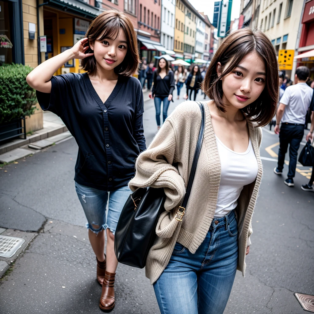 Highest quality,a girl, one girl,solo focus,4K,8K,Realistic,Japanese women,一人のJapanese women,26 years old,Clear,kind,Beautiful eyes,smile,smaile,teeth,short brown hair,Large Breasts,healthy,positive,Very detailed,Casual Style,In the background, people are walking along the cobblestone streets of tourist attractions.