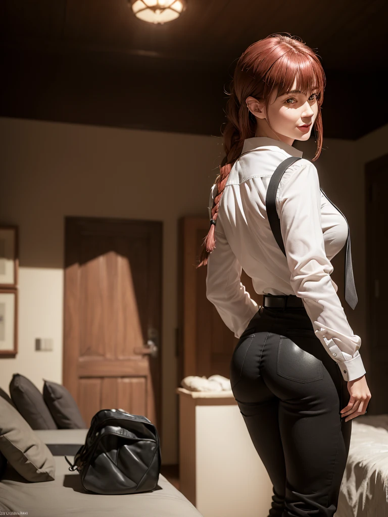 nsfw, makima from chainsawman, all in four doggy position, collar, white shirt, back view