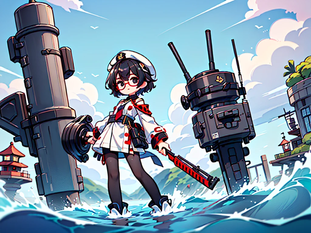 (((masterpiece, Vision))), ((((Full body of a woman with perfect flat chest、1 Female、solo、Short unkempt black hair、Tie your messy hair at the nape of your neck、white military jacket、Miko costume、black tights、Black glasses、White military cap、Cloudy black eyes、Confused eyes、Junyo-inspired emblem)))), (((Shipgirl))), ((Floating on the morning sea with both feet)), (Standing with your legs apart)), Aim, (Hold the shotgun turret grip with your right hand), (Four mechanical tentacles extending from its back each hold a turret), (Equipped with a bridge on the back), (His left arm holds the grip of a triple machine gun),