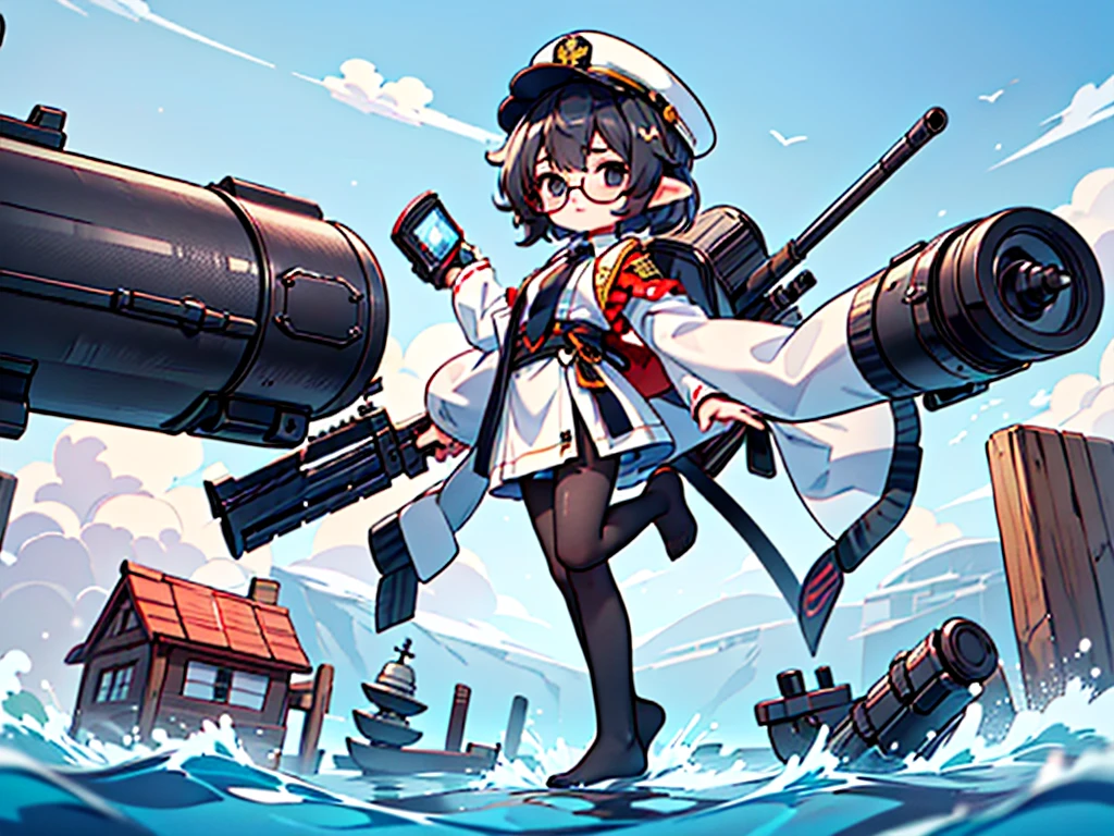 (((masterpiece, Vision))), ((((Full body of a woman with perfect flat chest、1 Female、solo、Short unkempt black hair、Tie your messy hair at the nape of your neck、white military jacket、Miko costume、black tights、Black glasses、White military cap、Cloudy black eyes、Confused eyes、Junyo-inspired emblem)))), (((Shipgirl))), ((Floating on the morning sea with both feet)), (Standing with your legs apart)), Aim, (Hold the shotgun turret grip with your right hand), (Four mechanical tentacles extending from its back each hold a turret), (Equipped with a bridge on the back), (His left arm holds the grip of a triple machine gun),