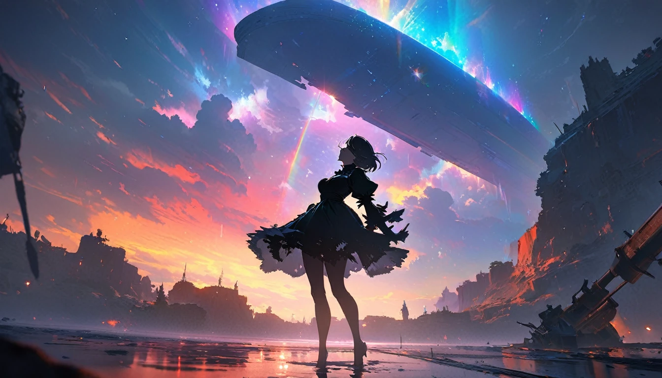 (Highest quality,8K,High resolution, masterpiece:1.2), Super detailed, High resolution, 超High resolution, Studio Lighting, Ultra-fine painting, Sharp focus, Physically Based Rendering, Very detailed explanation, Professional, Vibrant colors, Concept Artist, Warm color palette, Dramatic lighting,Pouring rain, Woman looking up at the sky,(ニーアオートマタ2b) ,2b,Rainbow in the sky, (Silhouette Art),Several mechanical weapons in the background,Beautiful background,Fantastic Background,