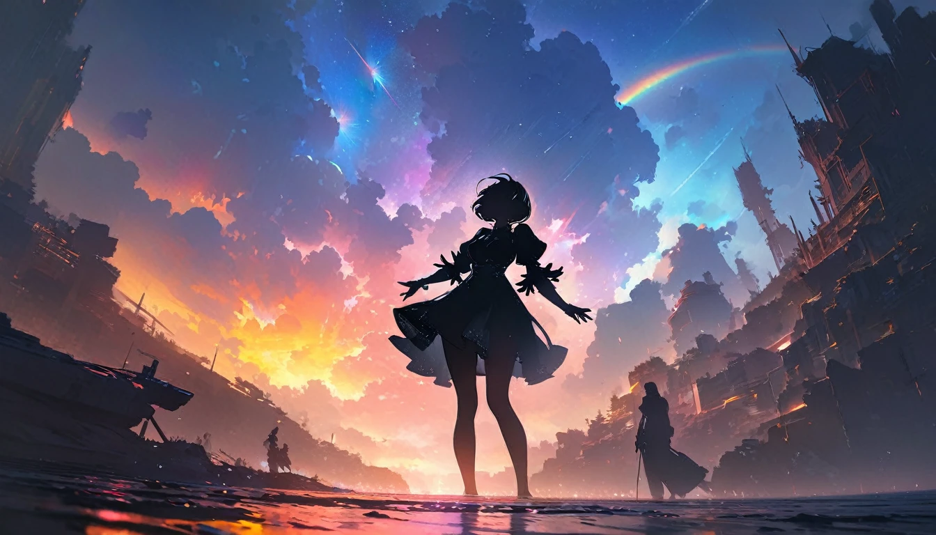 (Highest quality,8K,High resolution, masterpiece:1.2), Super detailed, High resolution, 超High resolution, Studio Lighting, Ultra-fine painting, Sharp focus, Physically Based Rendering, Very detailed explanation, Professional, Vibrant colors, Concept Artist, Warm color palette, Dramatic lighting,Pouring rain, Woman looking up at the sky,(ニーアオートマタ2b) ,2b,Rainbow in the sky, (Silhouette Art),Several mechanical weapons in the background,Beautiful background,Fantastic Background,