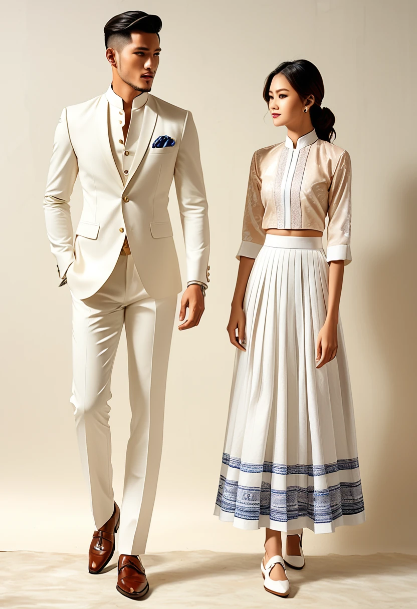 candid fashion illustration of two young man and women, 25-37 year old, adorned in a meticulously crafted North Thai traditional outfits, Lampang, ((showcase fashion Lanna style in cotton handwoven all in white)), simple elegant style, The man wears a simple long-sleeved white mandarin collar suit, paired with Tailor pants, and oxford shoes, The woman complements him with ((white tubular skirt)), ankle-length, simple minimal patterns details, fitted intricately decorated blouse that complements the skirt, front standing, Captured in full-body image, ((imperfect water color background)), sketching, realistic drawing, imperfect water color painting, fashion look book, fashion illustrator, sketch design,