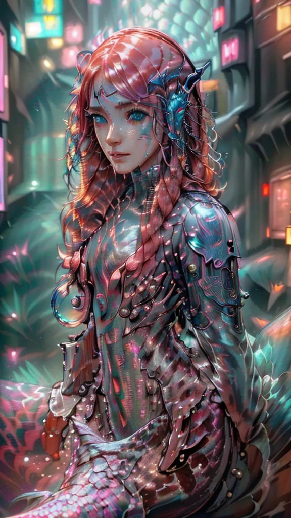 Ultra-Detailed, Masterpiece, Top Quality, High Resolution, Beautiful Eyes, Detailed Eyes, Detailed Face, (Cyberpunk, Neo Tokyo: 1.5), (Cyber Mermaid: 1.5), (17 year old girl, pink hair, wavy hair, scales, sexy: 1.5)