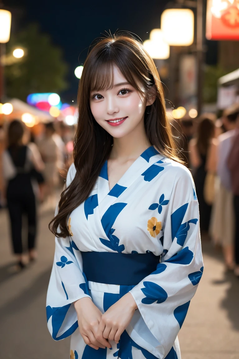Summer festival stalls night, Highest quality, shape, Very detailed, In detail, High resolution, 8k wallpaper, Perfect dynamic composition, Beautiful details, Natural Lip, Colorful and cute yukata, Big Breasts,, She is smiling in a cute pose.., A masterpiece of the whole body, Full Body Shot