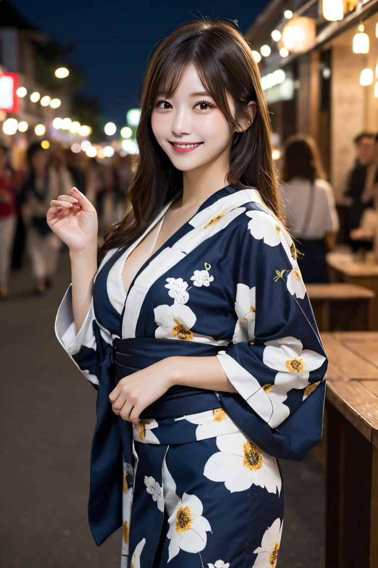 Summer festival stalls shaved ice , Highest quality, shape, Very detailed, In detail, High resolution, 8k wallpaper, Perfect dynamic composition, Beautiful details, Natural Lip, Cute yukata, Big Breasts, She is smiling in a cute pose.., A masterpiece of the whole body, Full Body Shot