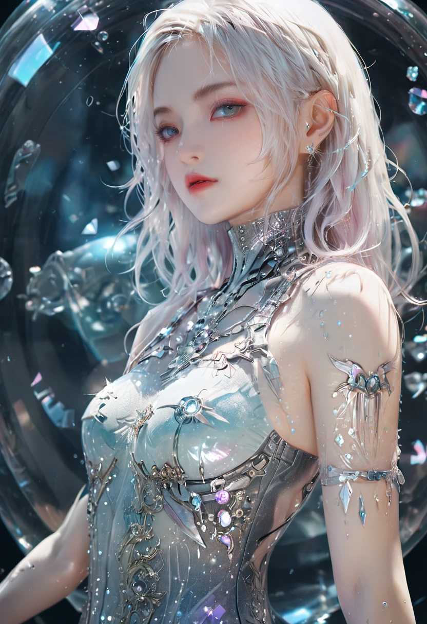 crystal covered, upper body, side shot, alternate color, masterpiece, detailed illustration, realistic, pixiv top quality, exquisite, {{{kawaii 1girl}}}, ultra beauties who fuse with machines, elaborate shabby chic pattern, glitter beautiful female, Half of my body is made of machines, transparent glass body, The machines inside the body are transparent, cinematic lighting, dynamic angle, dynamic pose, crystal world, depth of field