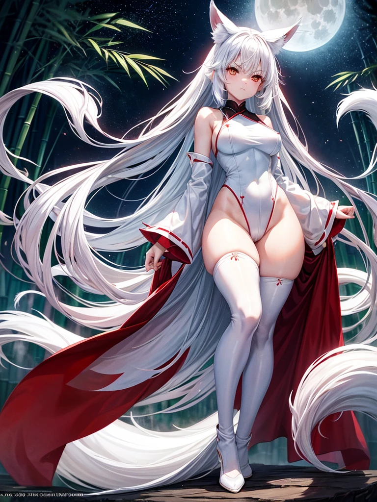 Highest quality,Highest Resolution,Beautiful girl with angry face in white fox leotard,High leg,Very red eyes,Bamboo grove,full moon,Night Sky,fog,((White fox thick tail,White fox ears)),Standing posture,whole body,Red piping line,