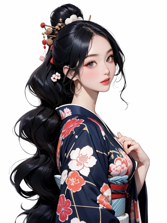 (Highest quality、masterpiece、High resolution、8K)、Ukiyo-e、Vibrant colors、Katsushika Hokusai、1 female、Black hair Japanese topknot、The kimono has a vivid floral pattern on a white background.、White waves and Mt. Fuji、White waves, the moon and a woman、Official Art、背景はUkiyo-e風