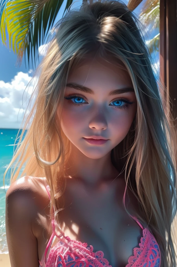  Hannah Hays, ultra-detailed face, (ultra detailed blue eyes), long platinum blonde wavy messy hair, (pink lace bikini), legs, tropical water, (((masterpiece)))