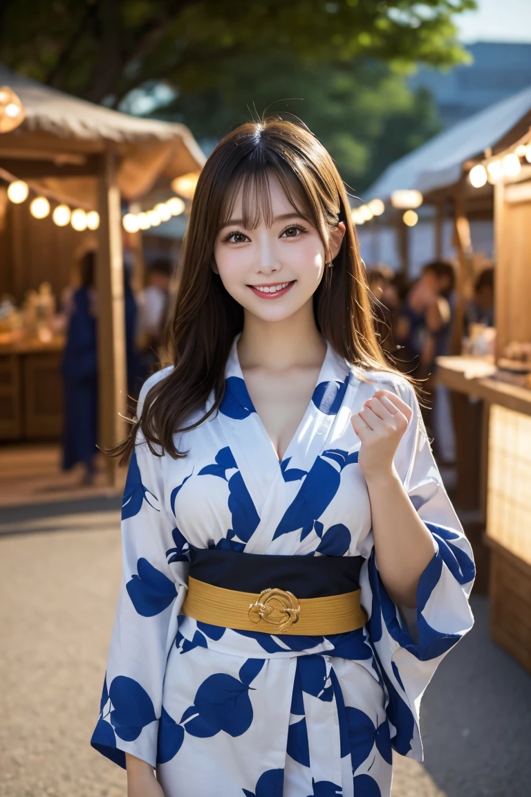 Summer festival stalls , Highest quality, shape, Very detailed, In detail, High resolution, 8k wallpaper, Perfect dynamic composition, Beautiful details, Natural Lip, Cute yukata, Big Breasts, She is smiling in a cute pose.., A masterpiece of the whole body, Full Body Shot