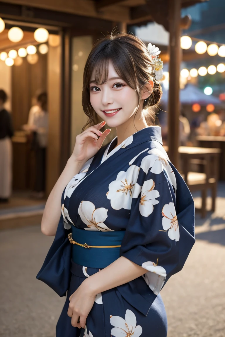 Summer festival stalls , Highest quality, shape, Very detailed, In detail, High resolution, 8k wallpaper, Perfect dynamic composition, Beautiful details,  Natural Lip, Cute yukata, Big Breasts, She is smiling in a cute pose.., A masterpiece of the whole body, Full Body Shot