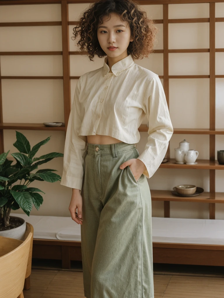 her name is Asako, high quality, 1girl, ((20-year-old fit Caucasian woman)), ((20 years old)), ((slim)), ((Korean Perm)), pose: standing, wearing trendsetting Generation-Z modern wear different colored, BACKGROUND: "Inside a traditional teahouse, experiencing a serene tea ceremony."