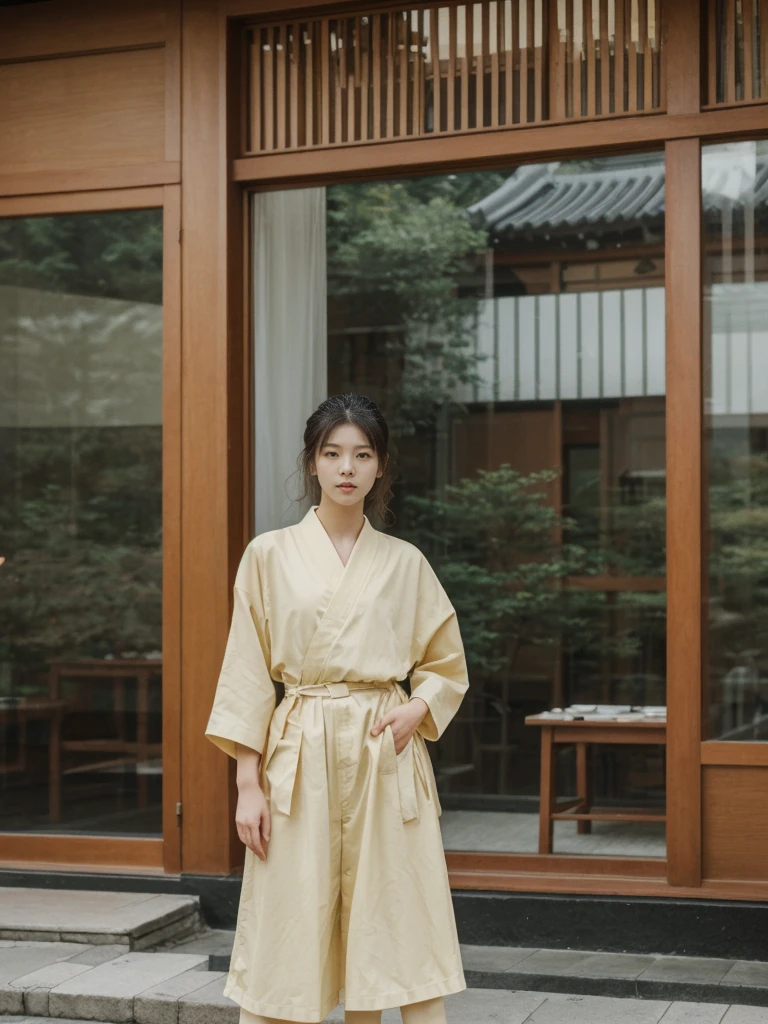 her name is Asako, high quality, 1girl, ((20-year-old fit Caucasian woman)), ((20 years old)), ((slim)), ((Korean Perm)), pose: standing, wearing trendsetting Generation-Z modern wear different colored, BACKGROUND: "Inside a traditional teahouse, experiencing a serene tea ceremony."