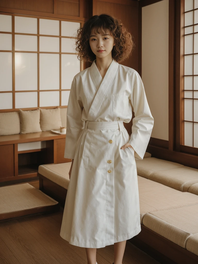 her name is Asako, high quality, 1girl, ((20-year-old fit Caucasian woman)), ((20 years old)), ((slim)), ((Korean Perm)), pose: standing, wearing trendsetting Generation-Z modern wear different colored, BACKGROUND: "Inside a traditional teahouse, experiencing a serene tea ceremony."