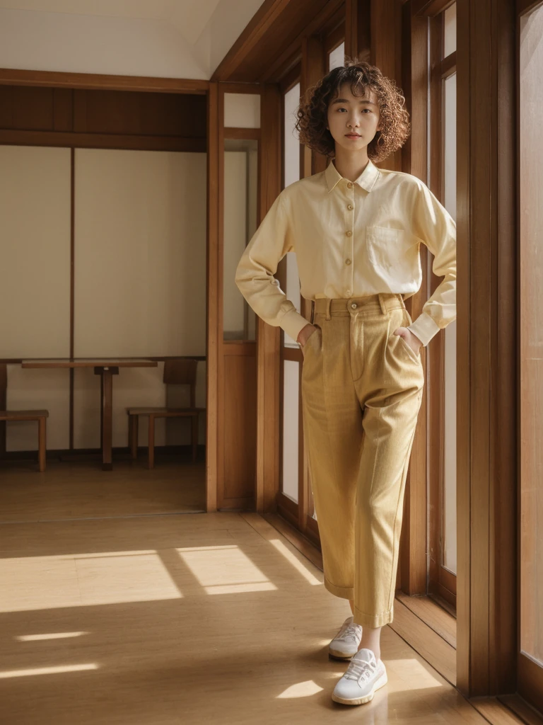 her name is Asako, high quality, 1girl, ((20-year-old fit Caucasian woman)), ((20 years old)), ((slim)), ((Korean Perm)), pose: standing, wearing trendsetting Generation-Z modern wear different colored, BACKGROUND: "Inside a traditional teahouse, experiencing a serene tea ceremony."