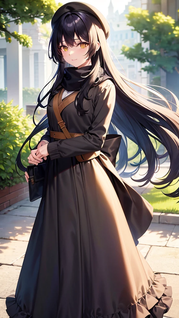 black beret, Long green hair, yellow eyes, long hair, hair parted to the right, hair clip, flower in hair, smile, calm, long skirt, maxi skirt, frills, pink blouse, cross body bag, garden, hand on chests, sunlight, scarf, ultra-detailed, absurdres, unreal engine, masterpiece, best quality, beautiful eyes, volumetric lighting, silky_hair), best quality, ultra-detailed, looking at viewer, highres, 8k wallpaper, extremely detailed, smooth lighting, 8k, depth of field, masterpiece, cinematic lighting,