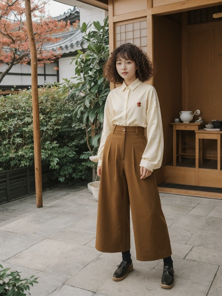 her name is Asako, high quality, 1girl, ((20-year-old fit Caucasian woman)), ((20 years old)), ((slim)), ((Korean Perm)), pose: standing, wearing trendsetting Generation-Z modern wear different colored, BACKGROUND: "Inside a traditional teahouse, experiencing a serene tea ceremony."