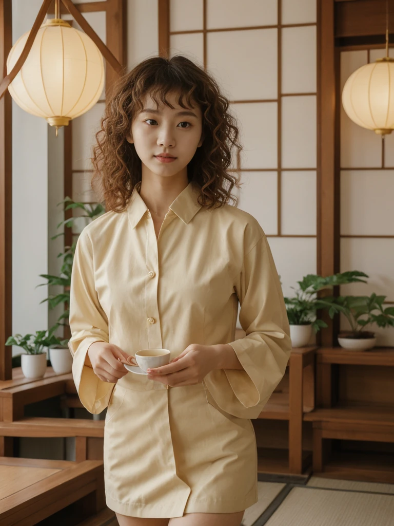 her name is Asako, high quality, 1girl, ((20-year-old fit Caucasian woman)), ((20 years old)), ((slim)), ((Korean Perm)), pose: standing, wearing trendsetting Generation-Z modern wear different colored, BACKGROUND: "Inside a traditional teahouse, experiencing a serene tea ceremony."