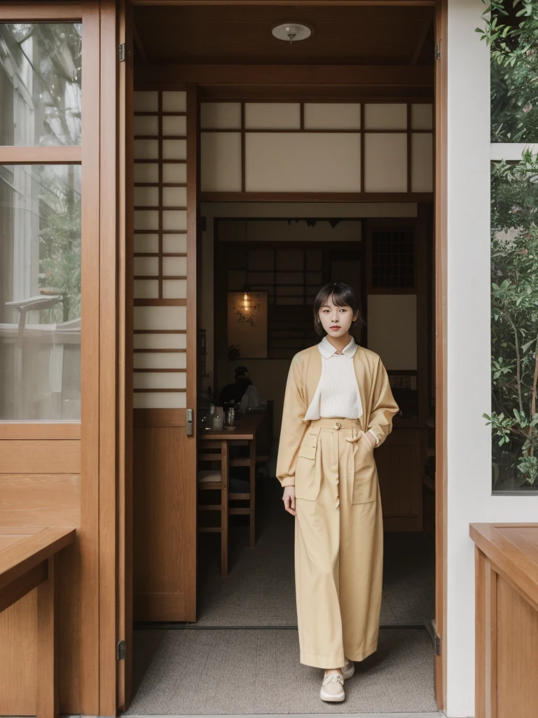 her name is Asako, high quality, 1girl, ((20-year-old fit Caucasian woman)), ((20 years old)), ((slim)), ((Korean Perm)), pose: standing, wearing trendsetting Generation-Z modern wear different colored, BACKGROUND: "Inside a traditional teahouse, experiencing a serene tea ceremony."