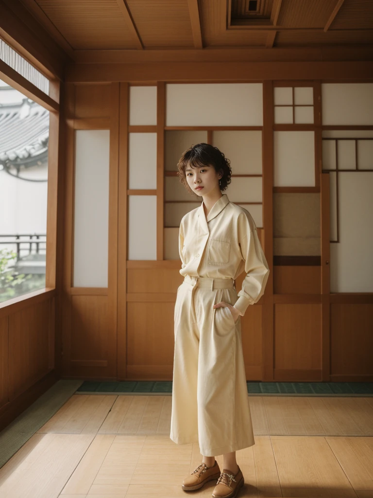 her name is Asako, high quality, 1girl, ((20-year-old fit Caucasian woman)), ((20 years old)), ((slim)), ((Korean Perm)), pose: standing, wearing trendsetting Generation-Z modern wear different colored, BACKGROUND: "Inside a traditional teahouse, experiencing a serene tea ceremony."