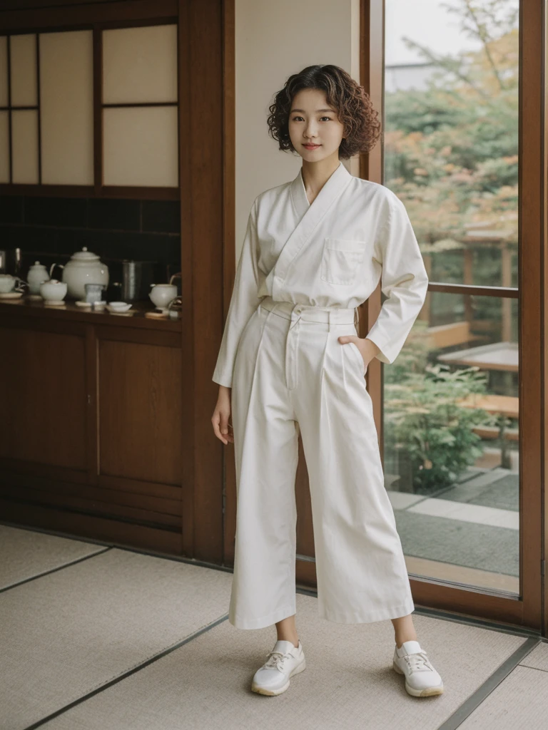 her name is Asako, high quality, 1girl, ((20-year-old fit Caucasian woman)), ((20 years old)), ((slim)), ((Korean Perm)), pose: standing, wearing trendsetting Generation-Z modern wear different colored, BACKGROUND: "Inside a traditional teahouse, experiencing a serene tea ceremony."