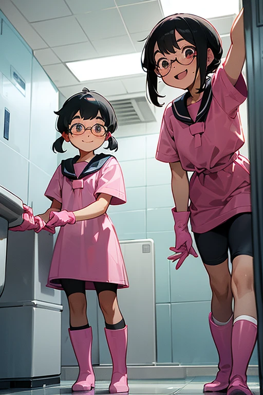 Two elementary school students with freckles and glasses, wearing short-sleeved gym clothes, black hair tied up, and narrow eyes, wearing large pink rubber gloves and white rubber boots, smiling and cleaning the school toilets.