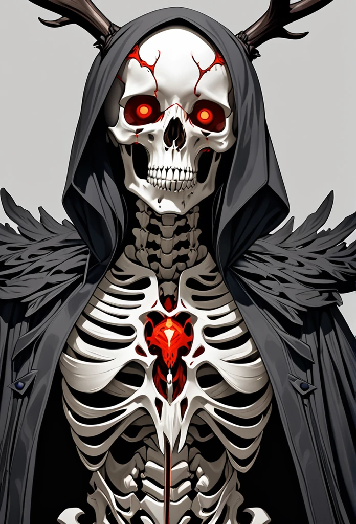 Gere imagens de: Masterpiece, best quality, ultra-detailed in 8K resolution, 1woman, stands against a plain gray background. She has a normal human body, wearing a long, dark trench coat with intricate details. However, instead of a human head, she has a deer's skull with glowing red eyes in the eye sockets. Her expression, though skeletal, exudes a sense of grim determination. Fine detail, high detail